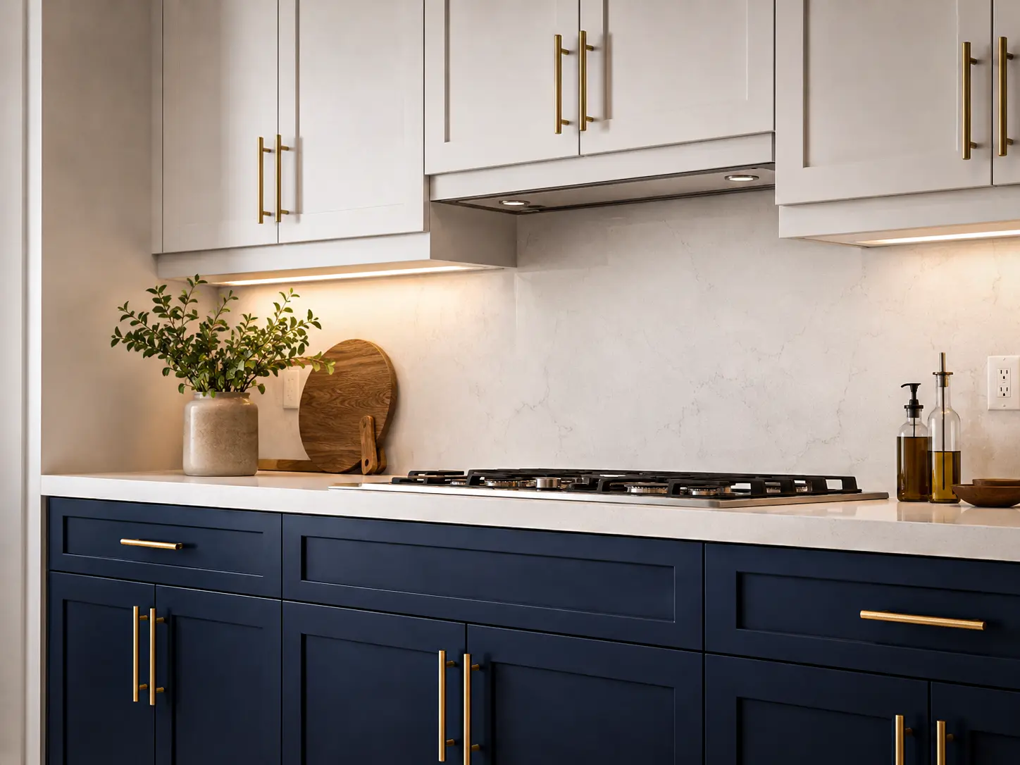 Custom kitchen premium hardware featuring brushed gold handles and full-extension drawer slides in Florida