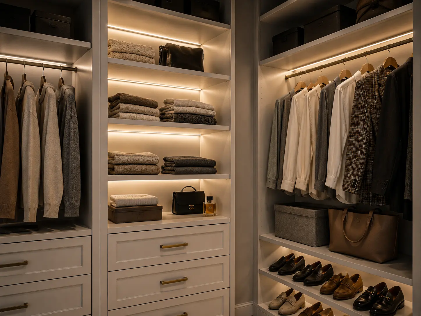LED Lighting - Integrated LED lighting inside custom reach-in closets