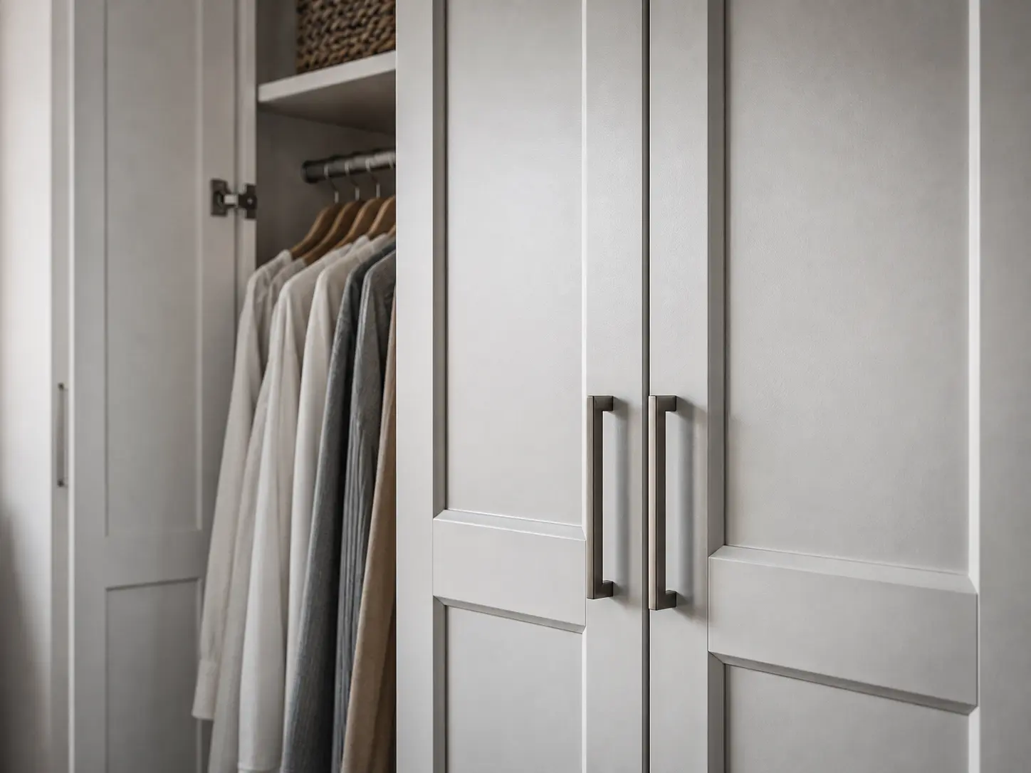 Painted Finishes - White and gray custom reach-in closet finishes