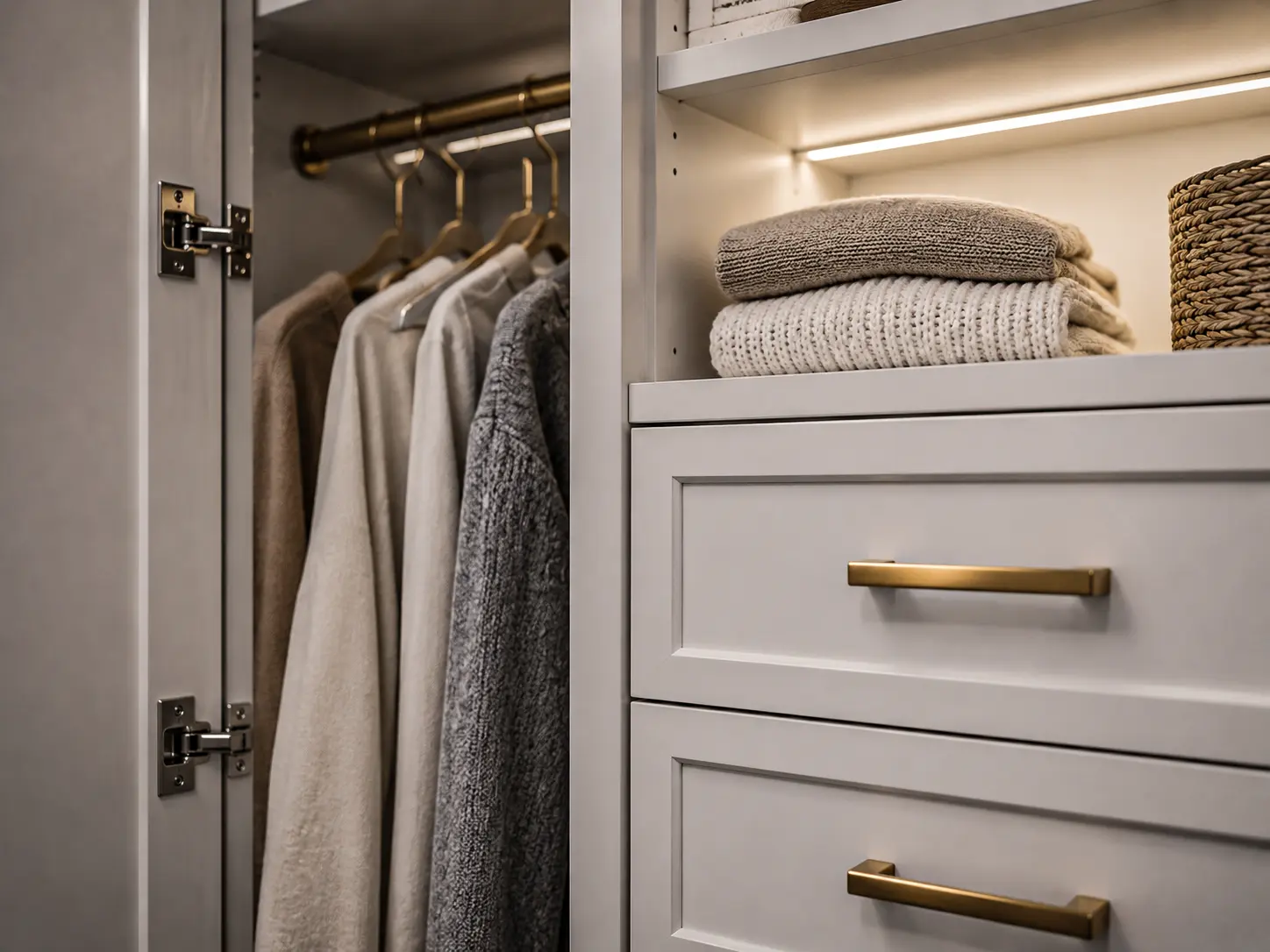 Premium Hardware - Soft-close drawers and designer handles for custom closets