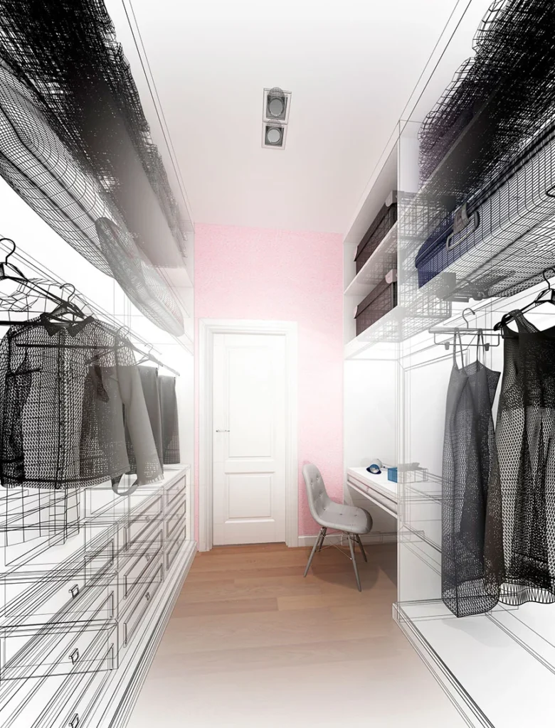3D wireframe render showing the design-to-reality transformation of a custom walk-in closet, from concept to finished space, by Custom Closet Florida