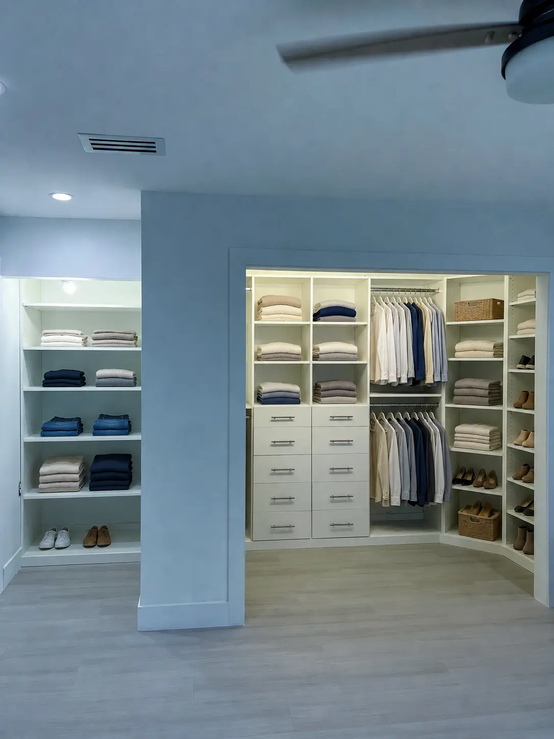 Organized walk-in closet in white melamine with hanging rods, folded clothing on open shelves, ten drawers and corner shelving with shoes and baskets — custom closet design by Custom Closet Florida in Parkland, FL.
