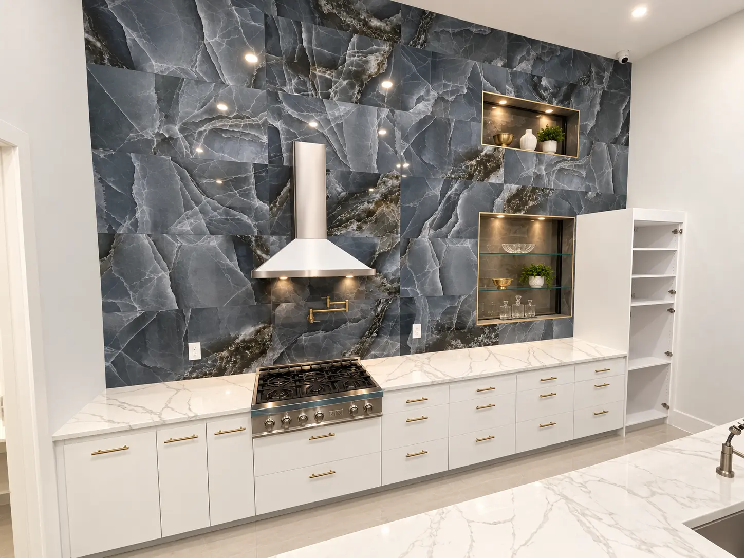 Kitchen renovation with a full-height book-matched dark marble accent wall, white ventilation hood, professional gas range and white shaker cabinets with brass hardware — custom kitchen design by Custom Closet Florida in Parkland, FL.